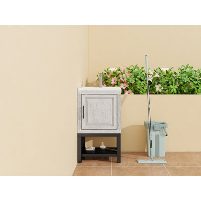 Armoire de salle de bain 20 po avec lavabo, robinet en aluminium mat bronze industriel, 1 porte de meuble-lavabo autoportant et tablette ouverte en fer, petit meuble-lavabo en céramique lisse avec patins réglables, métal blanc de haute qualité