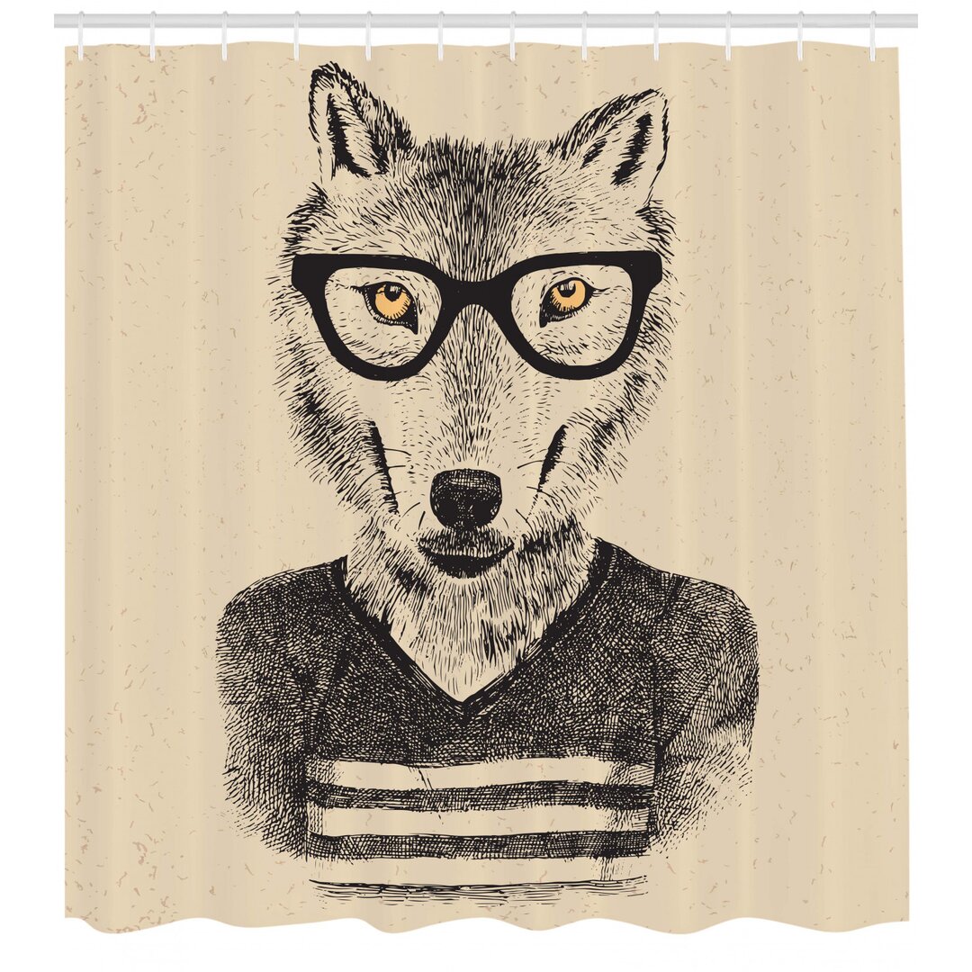 Duschvorhang, Hand gezeichnete Wolf und Gläser, Hipster, Beige Koksgraue