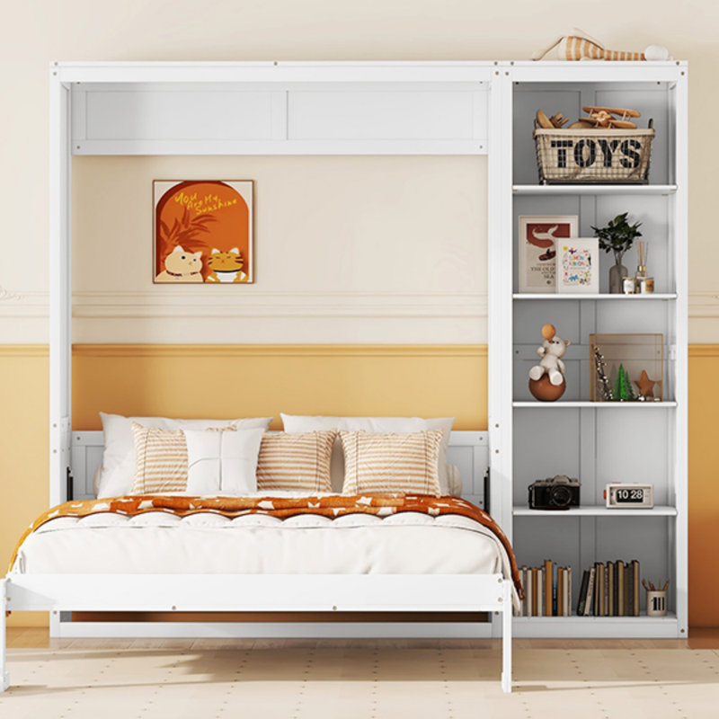 Lit escamotable double pleine grandeur avec tablettes (lit), Blanc