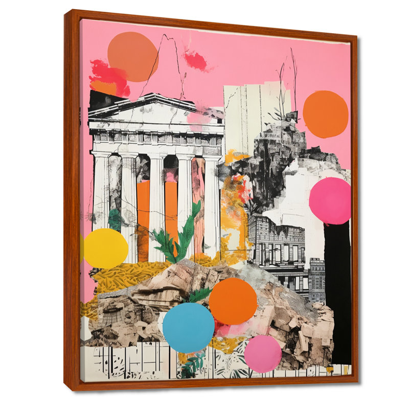 Collage antique grec, Parthénon - Paysage abstrait, art mural, Cadre flottant brun, H 32 po x l 16 po