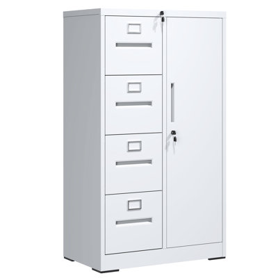 White Metal Storage Cabinet With 4 Drawers And 1 Door For Bedroom Office - Build, Silent Drawer Movement, Secure Locking Vertical Filing Drawers, Door, Lock Office, Bedroom, Living Room Cold Rolled