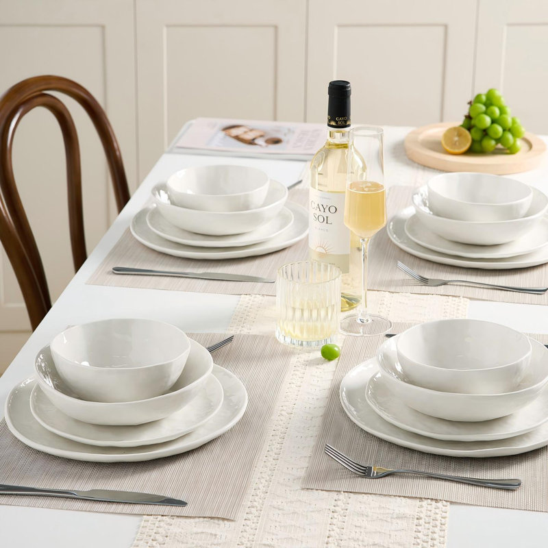 24 Piece Dinnerware Sets, Plates and Bowls Sets for 6, White, White