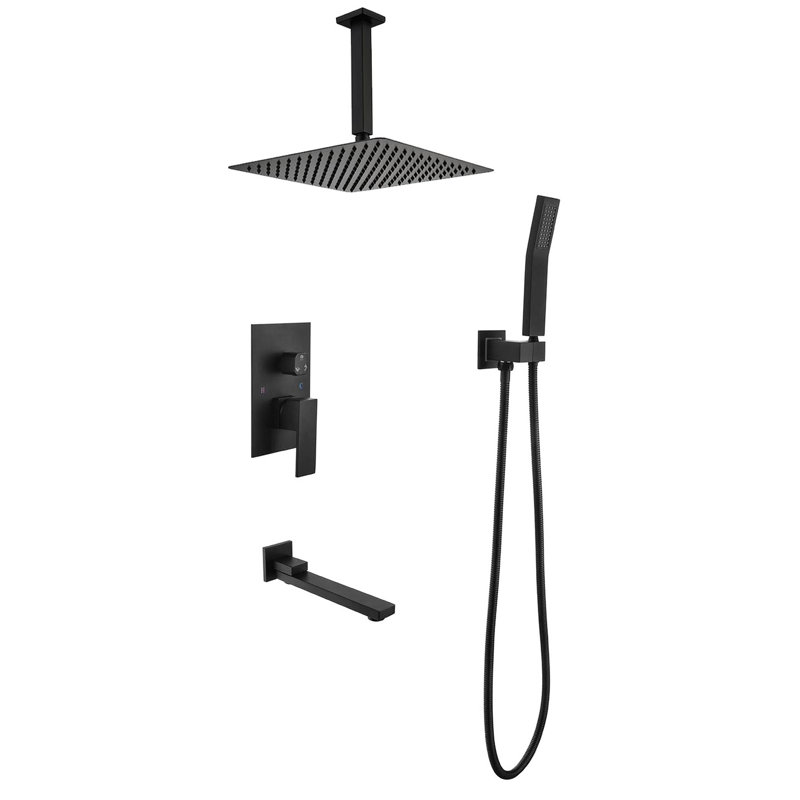 Ceiling Mounted 16" Shower Head System - Matte Black, Brass & Stainless Steel, Simulated Natural Rain, Powerful Water Flow, Easy To Clean Nozzle, Comprehensive Package With Installation Parts Kit