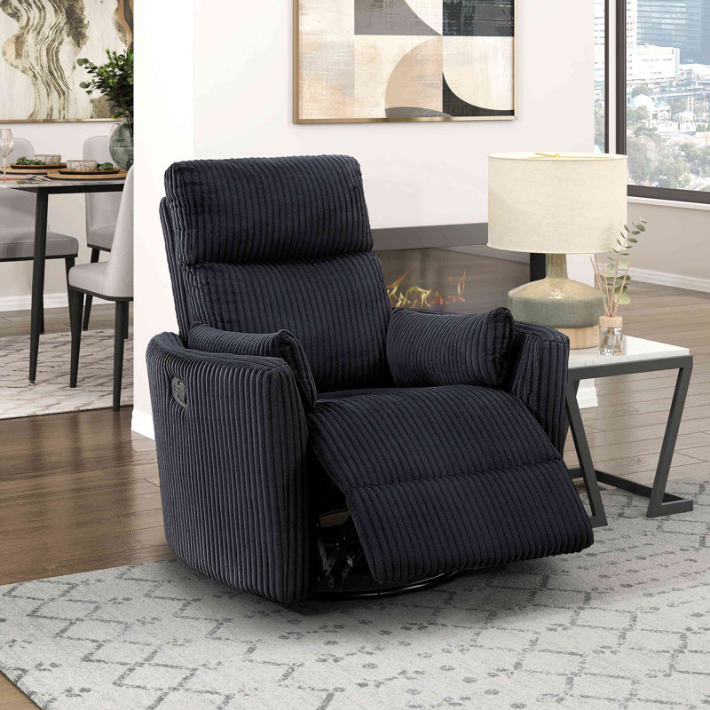 Corduroy Fabric Upholstery 1Pc Accent Chair Swivel Glider Reclining Motion Solid Wood Living Room Furniture, Black