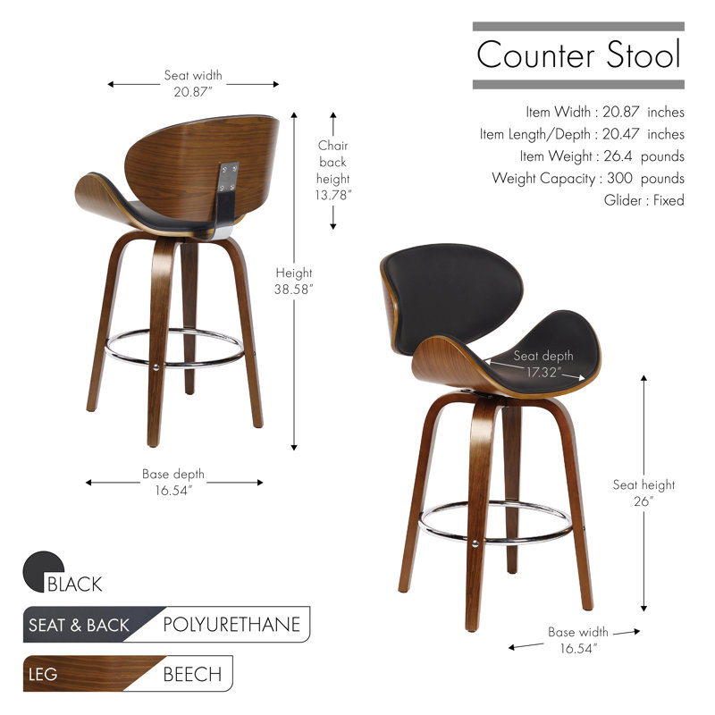 Tabouret de bar en polyuréthane Delayne, Tabouret de comptoir (siège d'une hauteur de 26 p, Noir