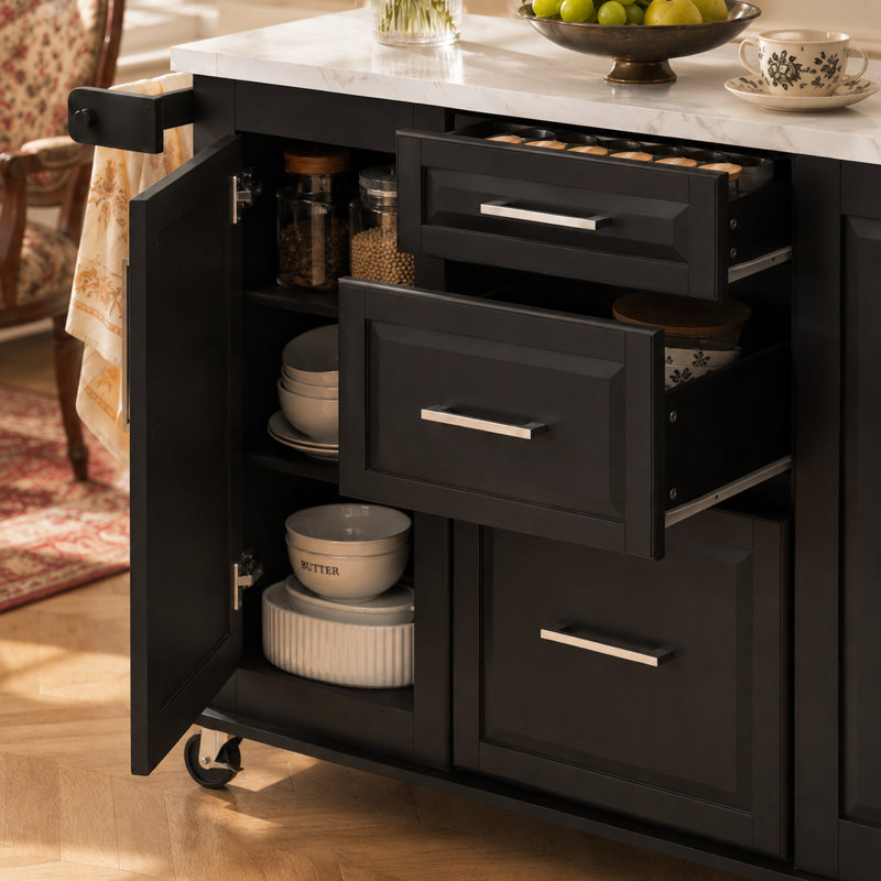 Îlot de cuisine Kavrell 50,7 po avec abattant, chariot de cuisine roulant avec armoire à poubelle inclinable, organisateur coulissant à 2 niveaux, 2 tiroirs, armoire de rangement et roues verrouillables