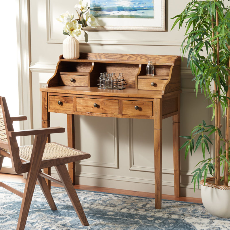 Modern Paignt Writing Desk with Storage Hutch – Solid Wood Frame, Shelves & Cubbies for Home, Office, Oak