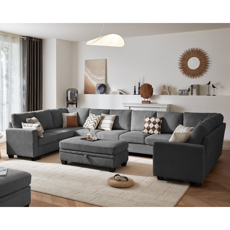 Latitude Run® Modular Sectional Couch| Corduroy U-Shape Sofa Bed Convertible Chaise With Storage Ottoman For Living Room Modern Furniture, 12 Seater Sleeper