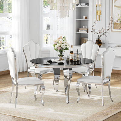 5-Piece Round Dining Set, 47" Black Tempered Glass Dining Table With Mirror Stainless Steel S-Shaped Legs & Luxury PU Leather Dining Chairs With Floral Pattern Backrest