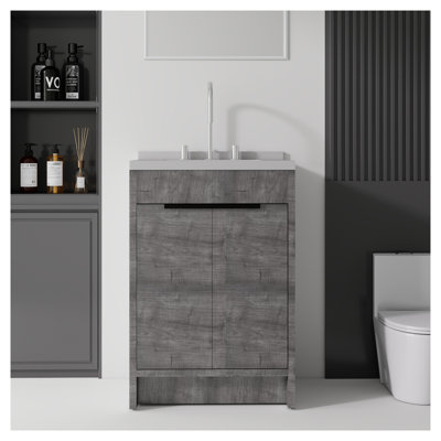 24-Inch Freestanding Bathroom Vanity with Sink in Grey Finish, Soft-Close Doors, Plywood Cabinet Box