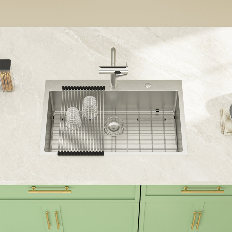 Évier de cuisine encastrable en acier inoxydable de 33 po x l 19 po x 33 po avec grille d'évier, grille et support à enroulement
