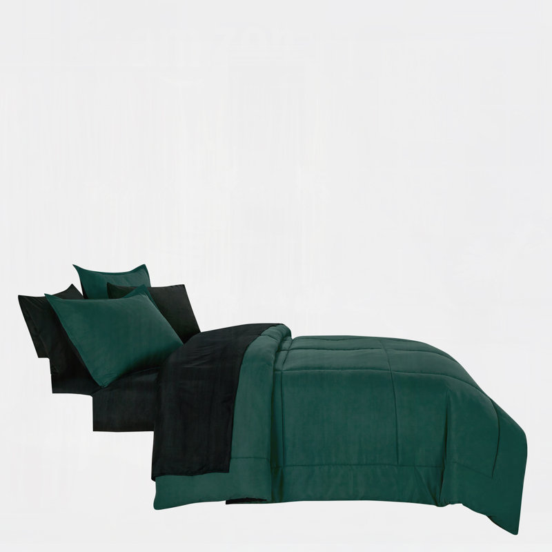 Reversible Emerald Green And Black Microfiber Bed In A Bag Set,QUEEN, Queen Comforter + 6 Additional Pieces