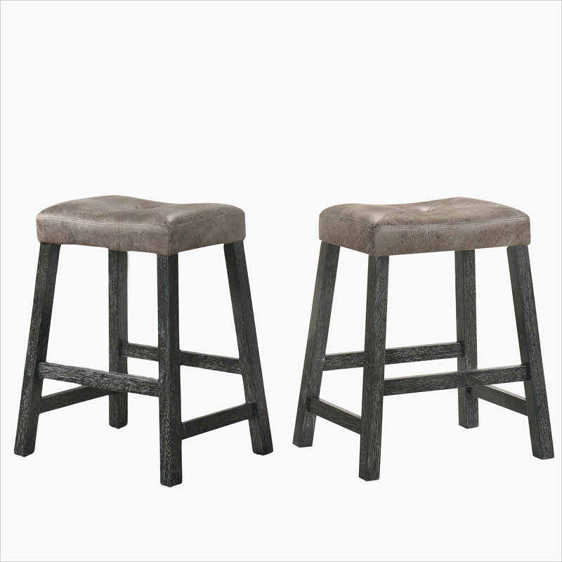 Rustic Backless Counter Stool Set of 2 – 25 Inch Wooden Farmhouse Barstool with Brown Leather Seat, Distressed Finish & Sturdy Frame – Space-Saving Counter-Height Seating for Kitchen & Bar