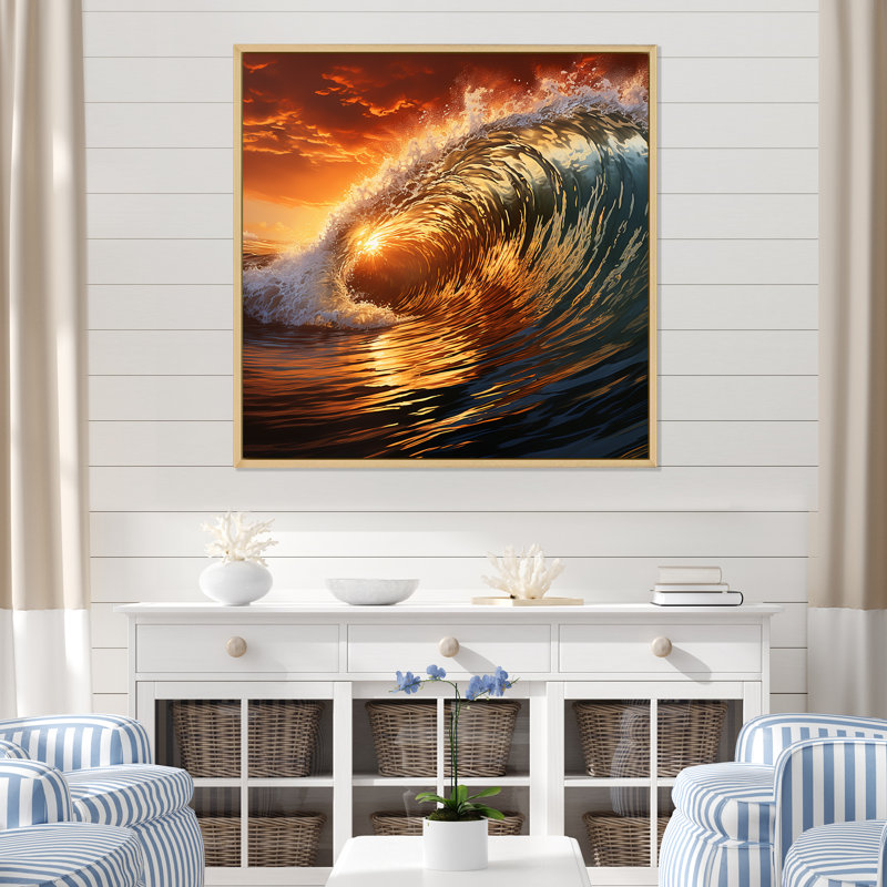 Coucher de soleil vert et orange - art mural plage, Cadre flottant brun, H 16 po x l 16 po x P 1 po