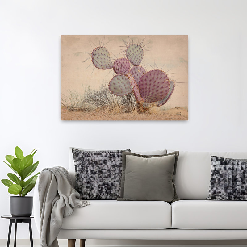 Bordure au coucher du soleil I, art abstrait de paysage de cactus rétro au coucher du soleil, H 32 po x l 48 po