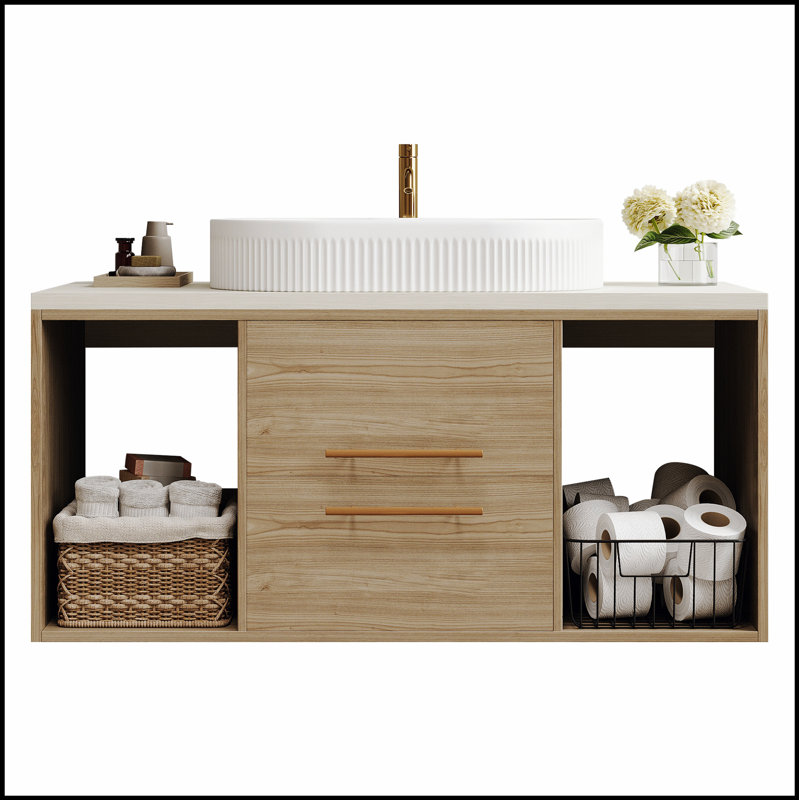 Wall-Mounted Bathroom Vanity with Oval Ceramic Sink, Multi-Layer Solid Wood Cabinet, Soft-Close Drawers and Open Shelf Storage for Space-Saving and Modern Bathrooms