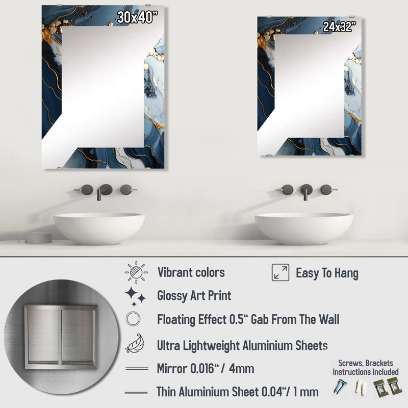 Gold Blue Geode Art Wall Mirror, Abstract Liquid Ink Modern - Gold And Blue Geode Art II, 40" x 30"