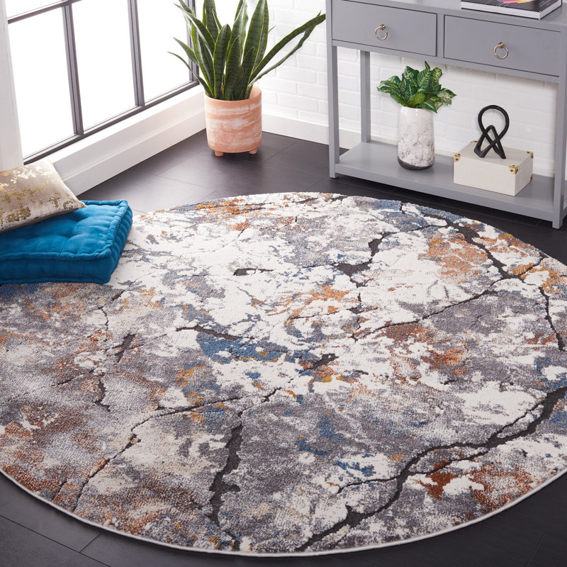 Tapis gris / ivoire Teit Shag 142, Rond 6 pi 7 po