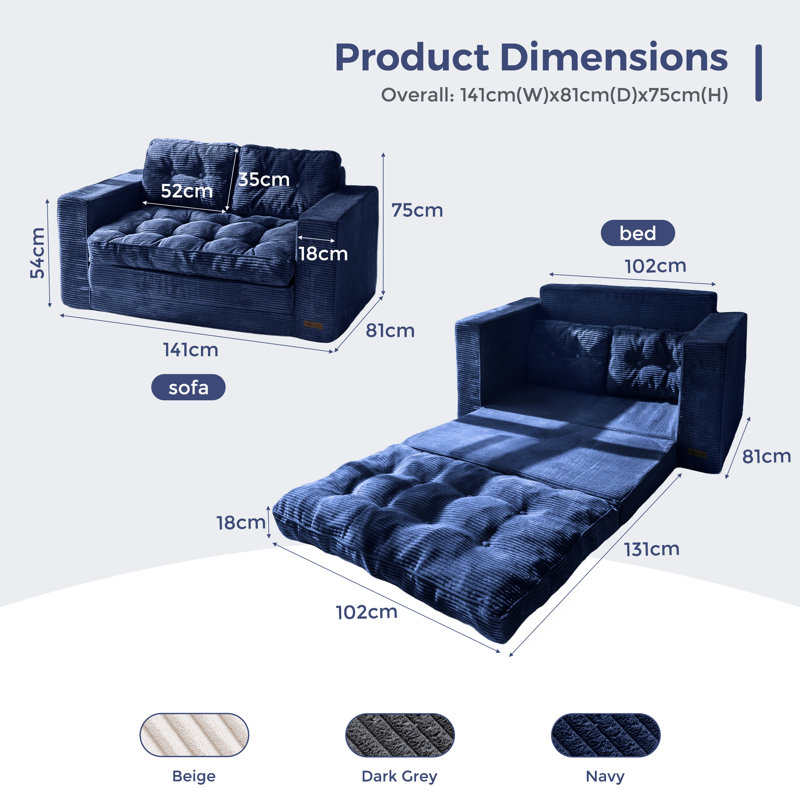 Canapé Bean Bag, Velours côtelé bleu marine, H 29,5 po x l 55,5 po x P 32 po