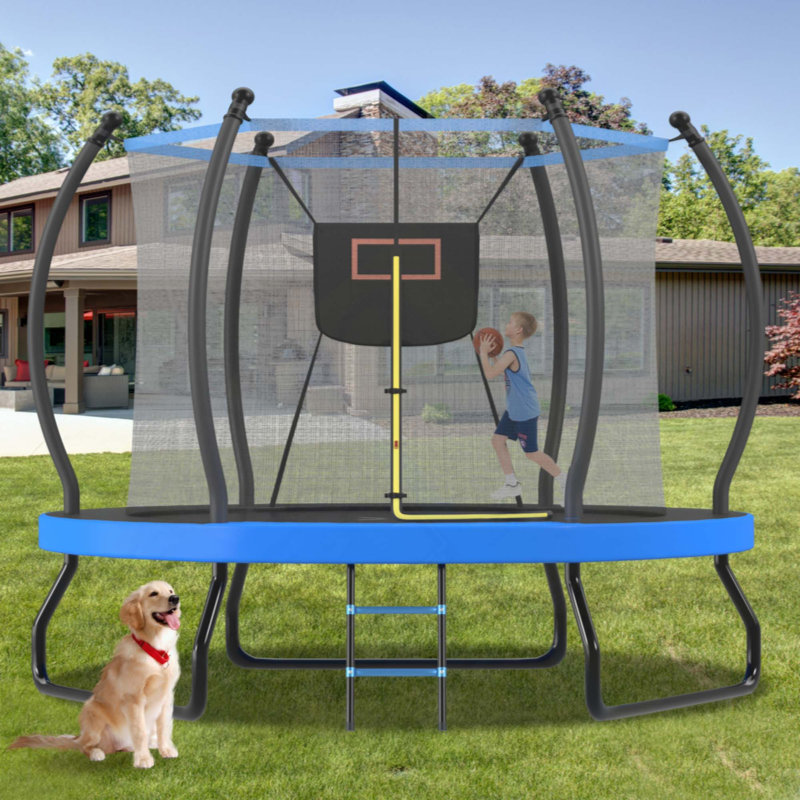 Trampoline avec panier de basketball, filet d'enclos et échelle, trampoline d'extérieur pour enfants, trampoline récréatif
