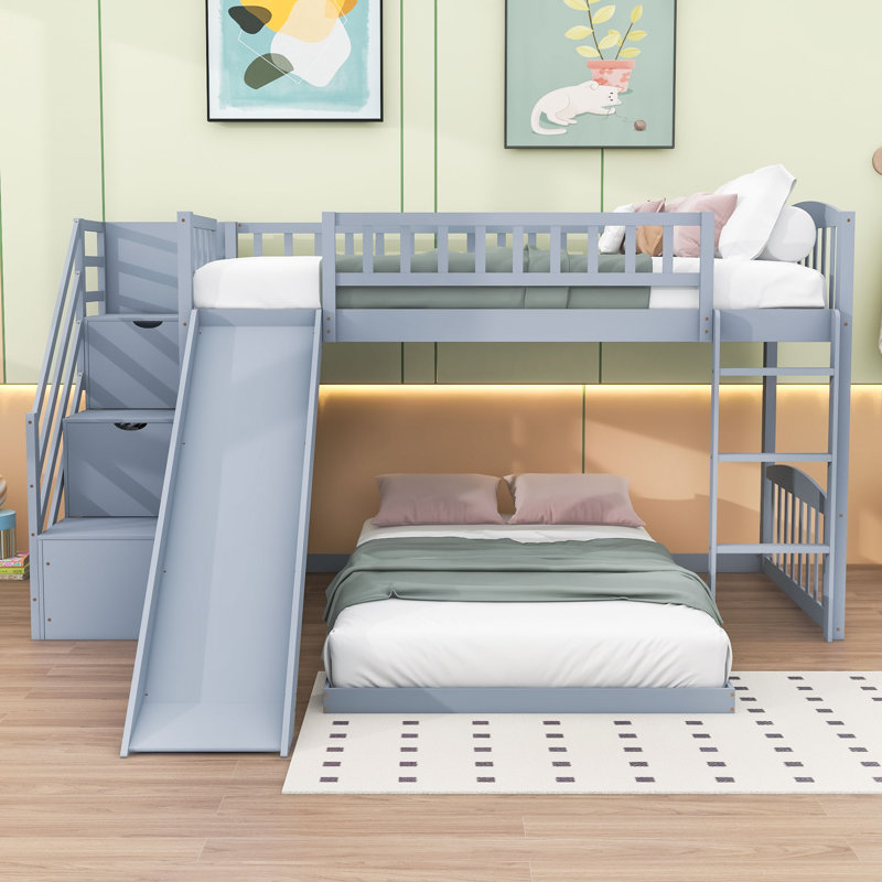Lits superposés en forme de L avec glissade et rangement Fatime, gris