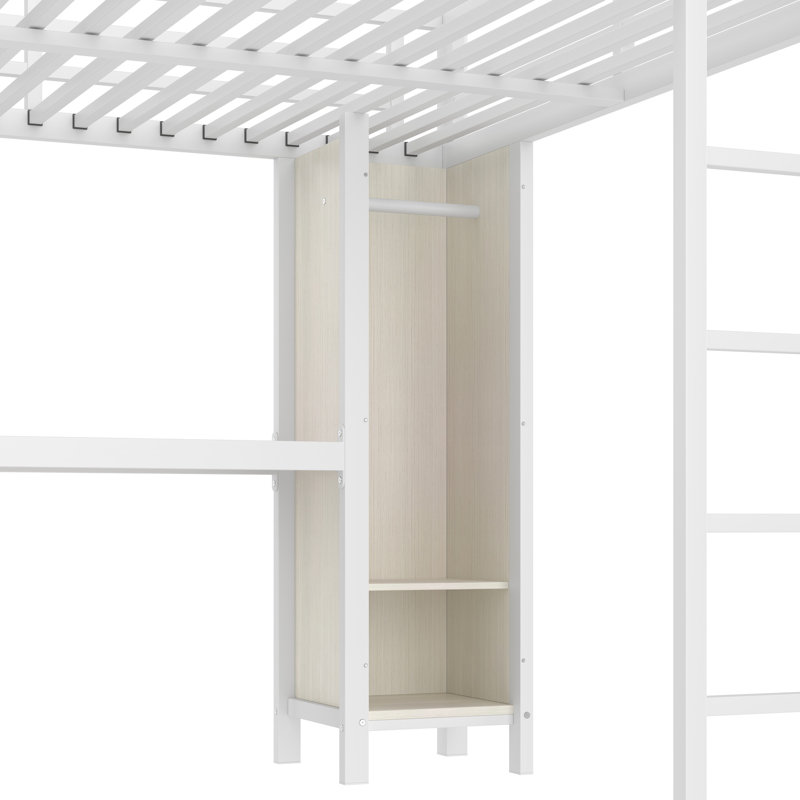 Grand lit mezzanine en métal blanc avec grain de bois avec bureau et garde-robe, pratique pour les chambres d'adolescent, facile à assembler en L