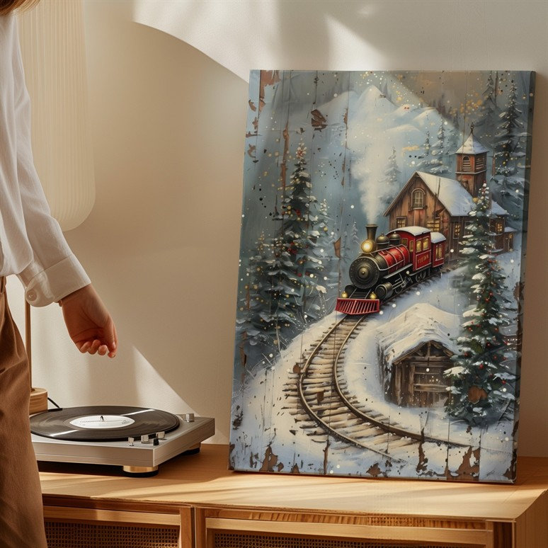 Toile, "Cozy Winter scène mettant en vedette un train à vapeur rouge vif", 9" H x 12" W