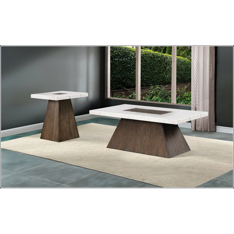 Table de bout contemporaine carrée avec plateau en marbre élégant et base effilée en bois pour les espaces de vie modernes