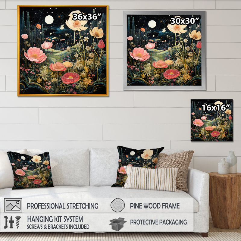 Enigma, fleurs de jardin roses et vertes 1 - tachisme, art mural, Or, H 36 po x l 36 po