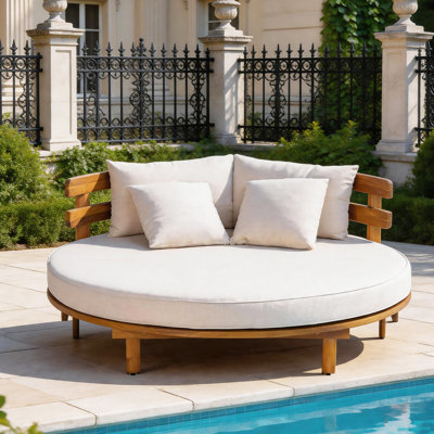 Outdoor Acacia Wood Round Daybed – Patio Lounger with Curved Slatted Backrest for Backyard, Poolside, Beige