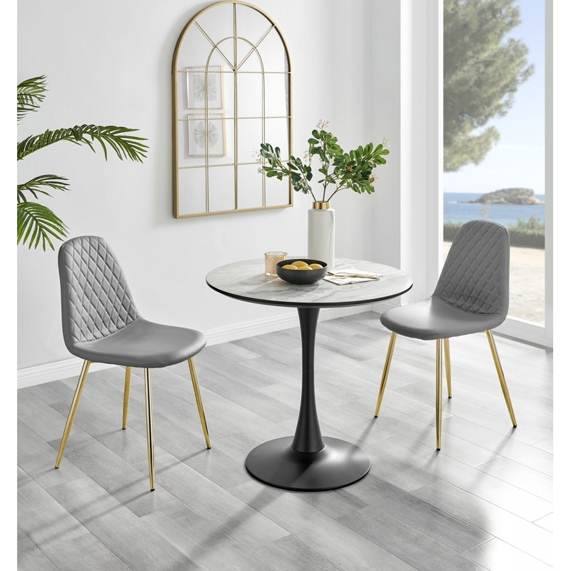 Ellis White Marble Effect Melamine Round Dining Table Set with 2 Luxury Faux Leather Dining Chairs, White, Cappuccino/Silver