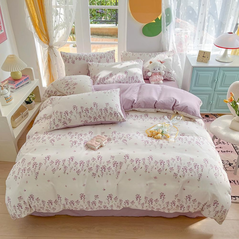 Ensemble de literie réversible fleurs mauve violet blanc, Grand lit