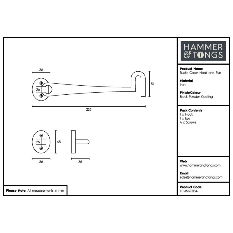 Hammer & Tongs - Rustic Cabin Hook and Eye - W225mm - Black