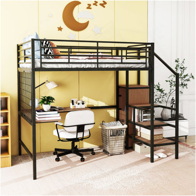 Lit mezzanine double en métal avec bureau et grille en métal, élégant lit à structure en métal avec échelle de rangement latérale et garde-robe, blanc