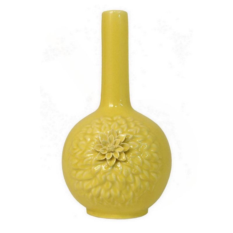 Vase à fleurs Remi, col étroit, céramique jaune avec motifs floraux, 16 po