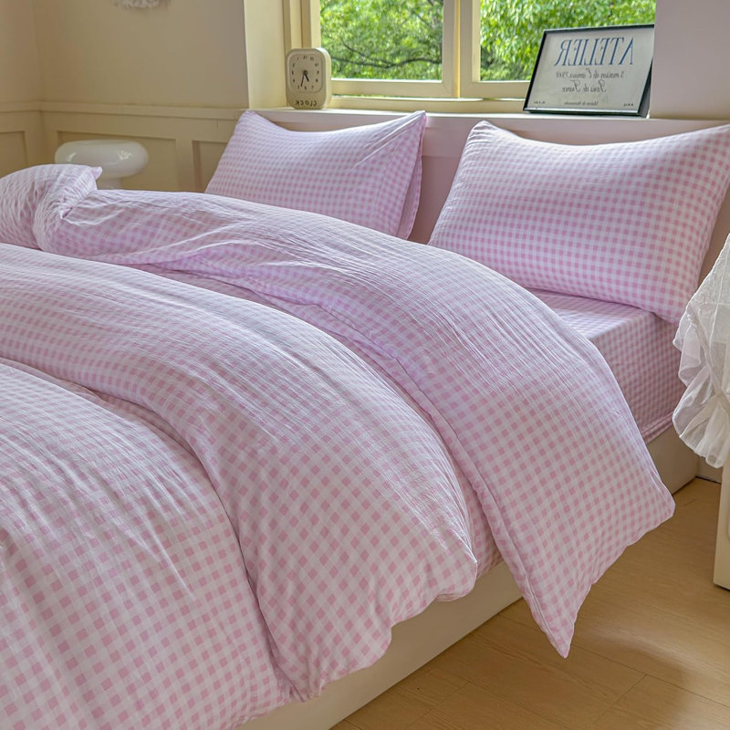 Ensemble d'édredon en microfibre prélavée Gingham, Édredon grand et 2 taies d'oreiller, Vichy écossais rose