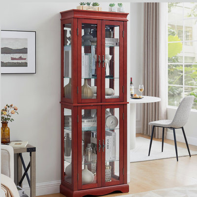 Lighted Glass Curio Display Cabinet, Wooden Frame Storage for Living Room, Kitchen & Pantry, Includes Light Bulb