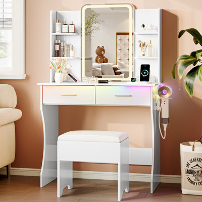 Lacorsha Makeup Vanity Set with LED Mirror ,Vanity Desk Stool with Power Outlet,2 Drawers,6 Shelves with Brightness Lighting, 1 Hair Dryer Holder