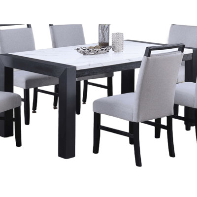 Transitional Rectangular Dining Table With White Faux Marble And Charcoal Wood, Contemporary Look, Seats 6 In Room Top Rubberwood Legs, Modern Design,