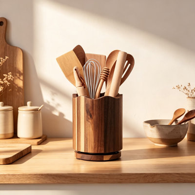Porte-ustensiles en bois d'acacia avec base rotative et bord festonné pour le rangement sur le comptoir de la cuisine