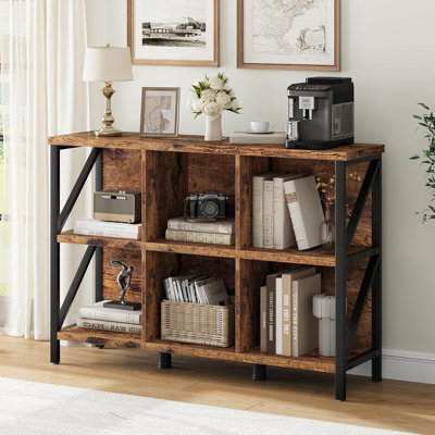 6 Cube Storage Organizer, Industrial Horizontal Bookshelf With Frame, Thick Wooden Low & Long Bookshelf For Living Room/Office/Bedroom - Rustic Brown