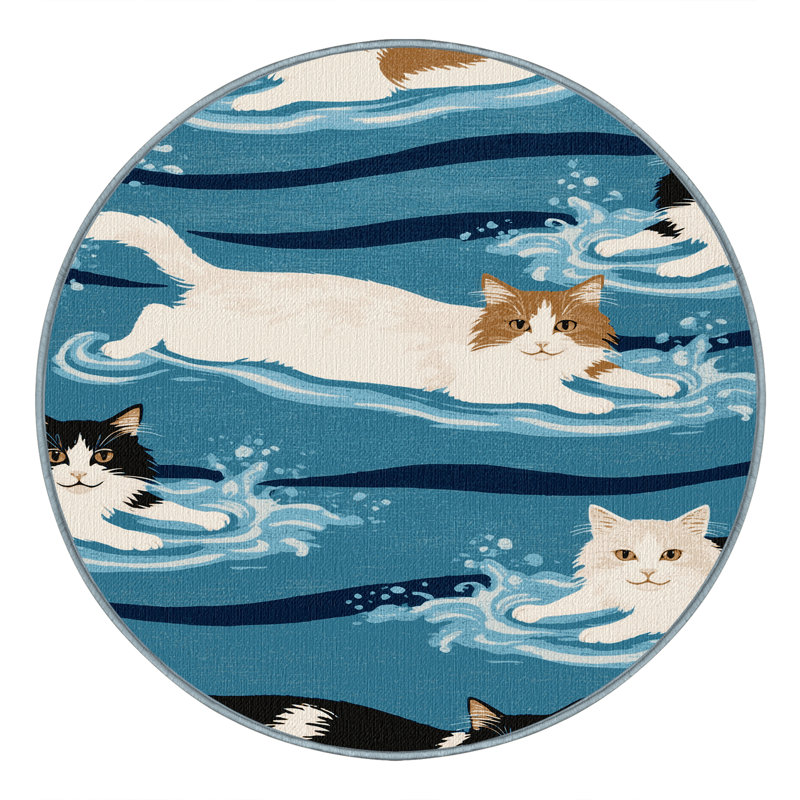 Washable Turkish Van Cats Area Rug, Round 7'