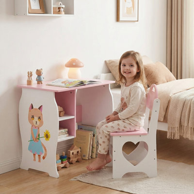 Ensemble de bureau et chaise pour enfants avec rangement, table d'étude en bois pour école à domicile, rose et blanc