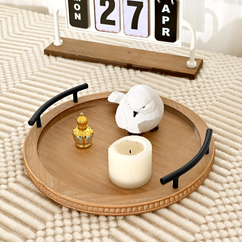 Round Wooden Beaded Decorative Serving Tray with Metal Handles
