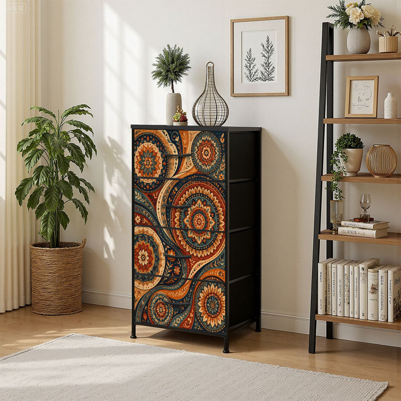 Commode de rangement verticale 4 tiroirs Mandala bohémien rétro Motifs géométriques floraux Terre chaude avec tiroirs en bois