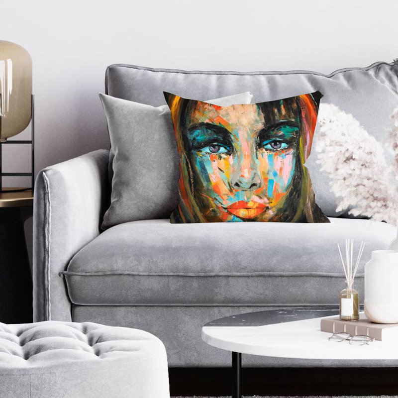Colorful woman portrait - 20"x20" Throw pillow cover - Poly twill - Print on demand, 20" H x 20" W, Orange