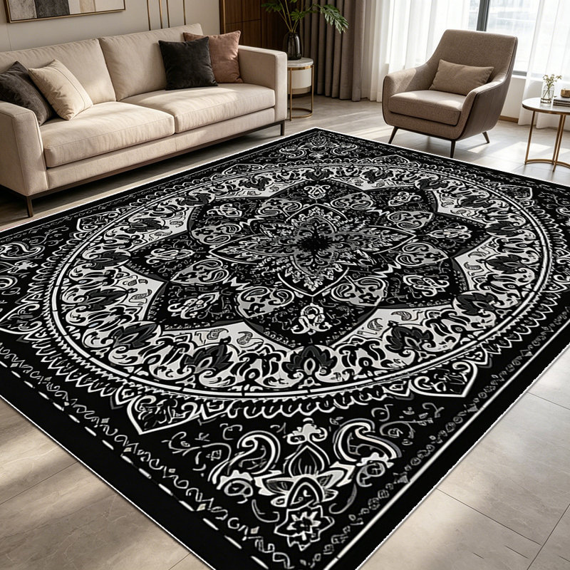 1PC Vintage Bohemian Black & White Medallion Floral Paisley area rugs for Living Room, Soft and Comfortable, Suitable for all seasons, easy-to-maintain, machine washable Indoor floor mat, Under Table Farmhouse suitable for dining area, bedroom,