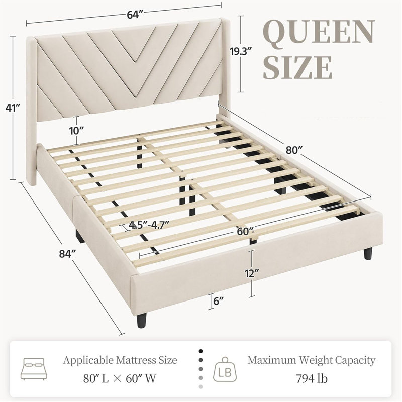 Beige Velvet Upholstered Queen Bed with Tufted Headboard
