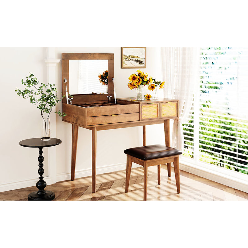 43.3" Makeup Vanity In Brown Wood, With Stool, Flip-Top Mirror And Three Drawers For A Practical Space Classic Wood Stool Brown, Storage