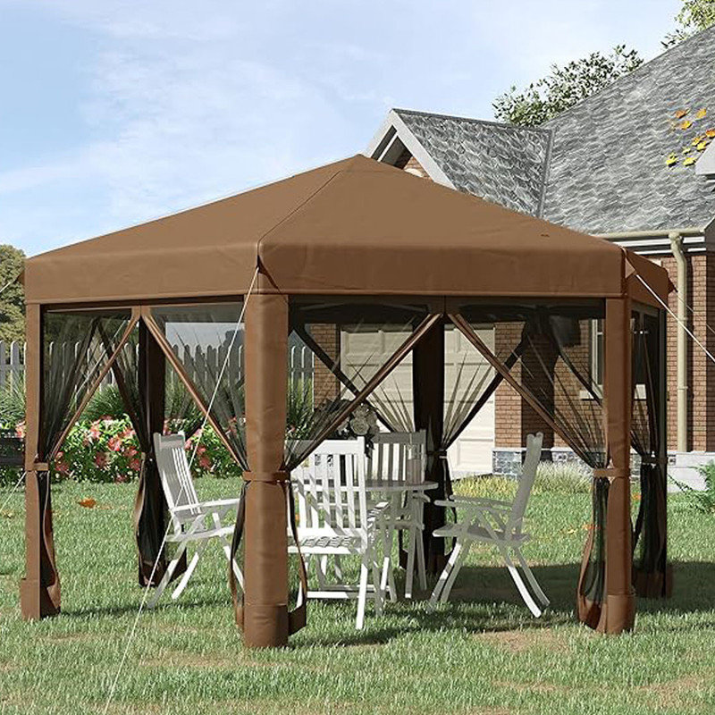 Hexagonal Pop Up Gazebo, Outdoor Canopy Tent with 6 Mesh Sidewall Netting, 3-Level Adjustable Height, Brown